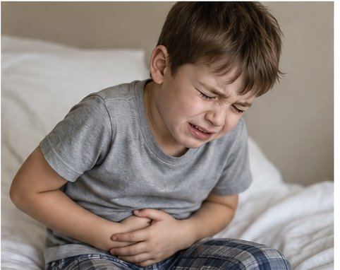 Young child sitting on a bed holding his stomach in discomfort
