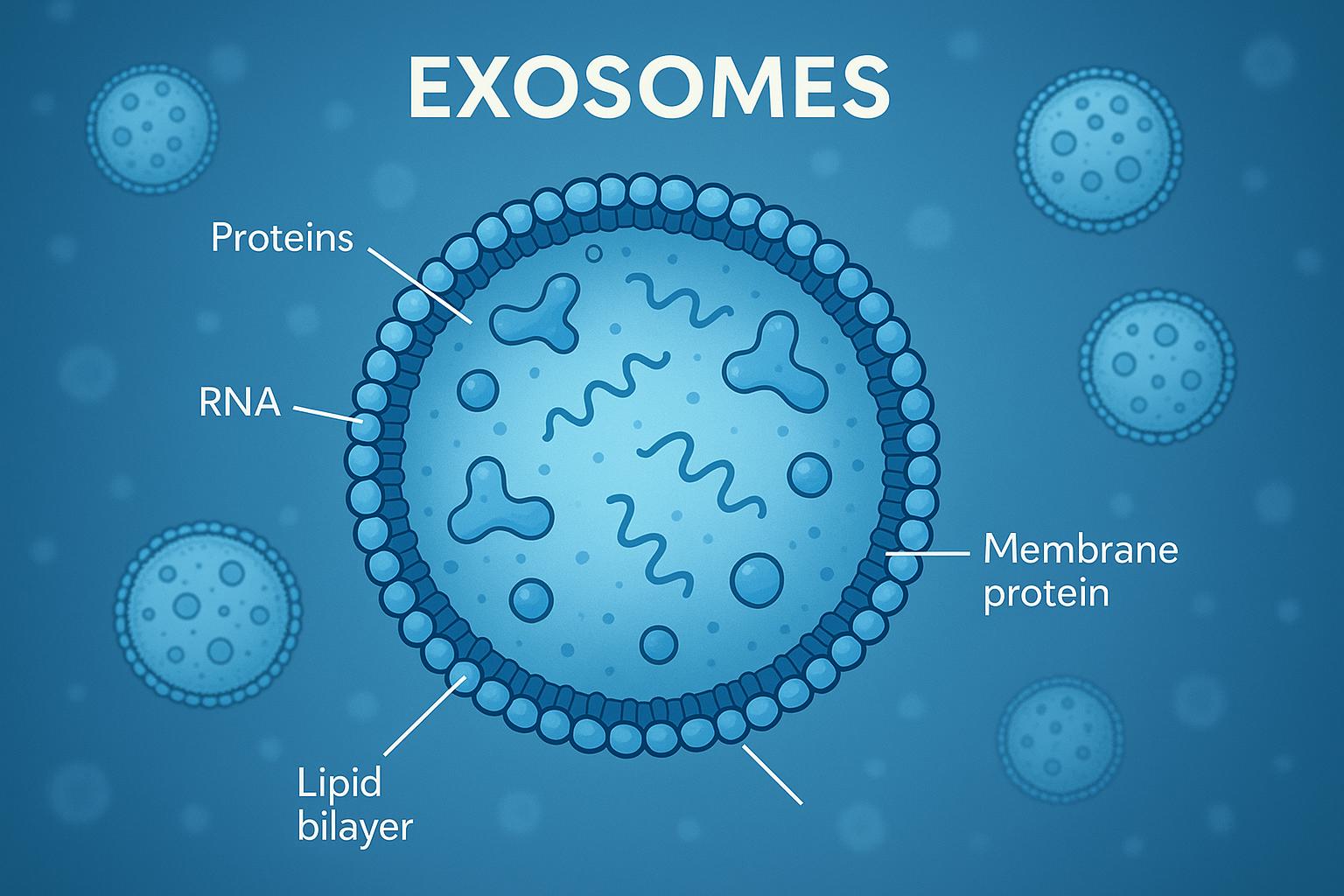 Labeled diagram of an exosome showing its lipid bilayer, membrane proteins, internal proteins and RNA
