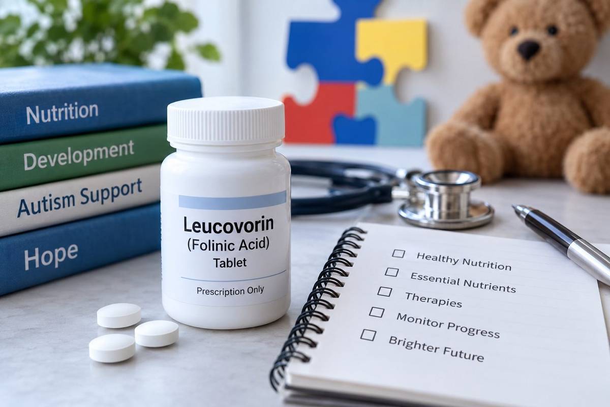 Leucovorin for autism: a bottle of leucovorin folinic acid tablets beside a stethoscope and a parent's progress checklist