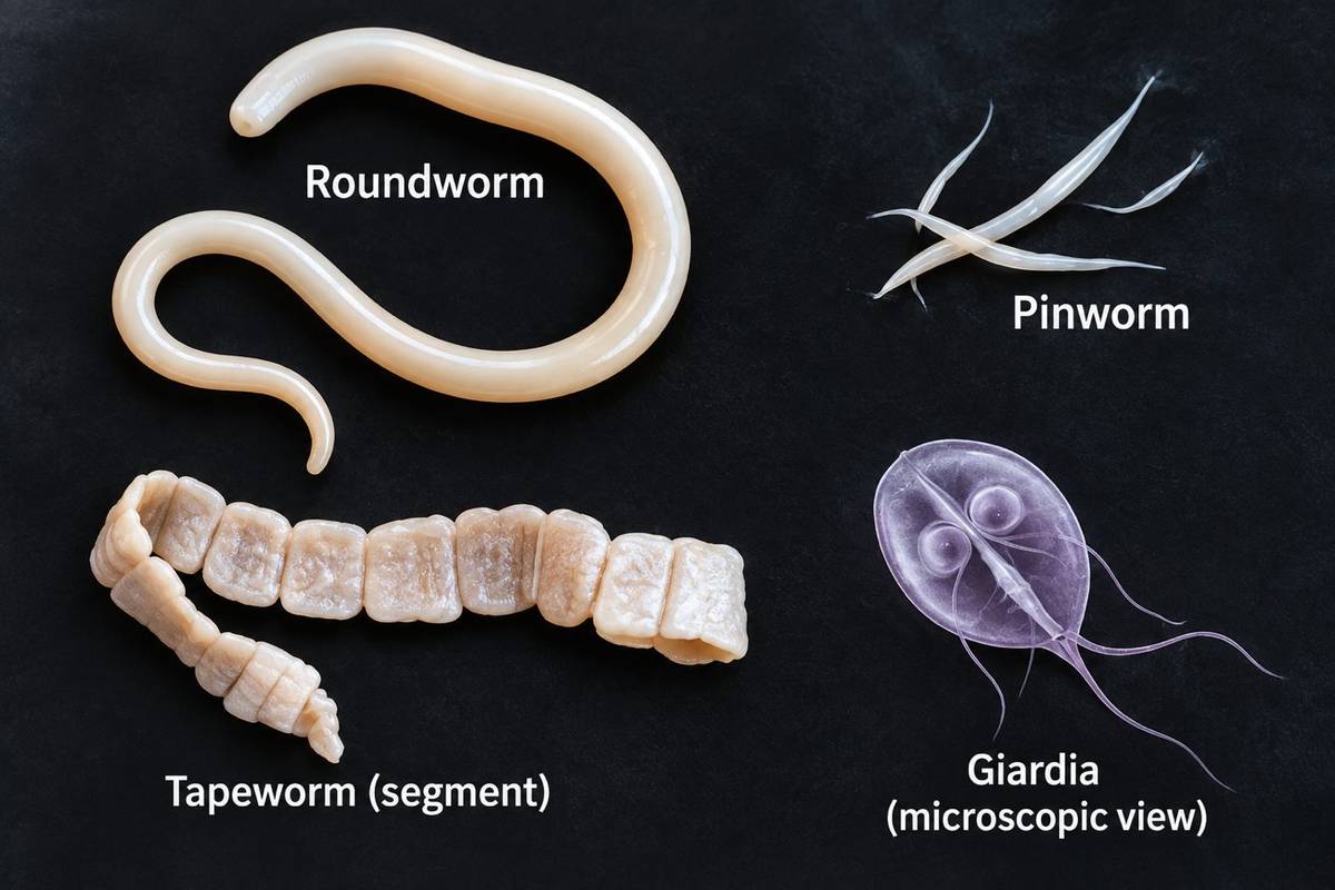 Autism and parasites: chart showing roundworm, pinworm, tapeworm segment and a microscopic view of giardia