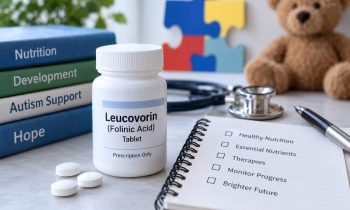 Leucovorin for autism: a bottle of leucovorin folinic acid tablets beside a stethoscope and a parent's progress checklist